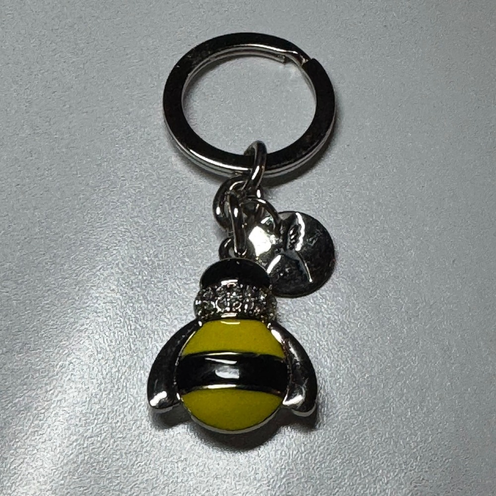 Bumble Bee Keychain with Rhinestone Crown and Hummingbird‎ Charm Silver Tone